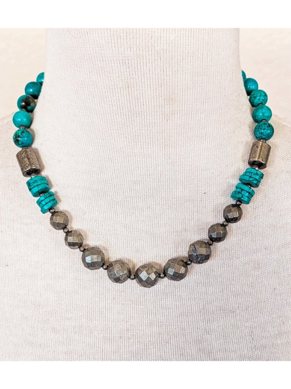Southwestern Turquoise & Pyrite Beaded Strand Statement Necklace